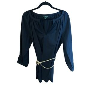 Lauren Ralph Lauren Black Cotton Tunic Top Split Neck Gold Rope Belt Womens L